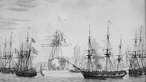 Regulus stranded in the mud in front of Fouras under attack by British ships August 1809