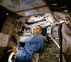 STS-5 Overmyer behind pilot's seat