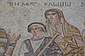 The House of Theseus, detail of The first bath of Achilles mosaic, the Fates Clotho holding a spindle and distaff, and Lachenis holding a diptych, South Wing, Paphos Archaeological Park, Cyprus (22384092519)