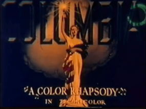 The end card of a Colour Rhapsody cartoon with cue mark, circa 1939 (Commons)