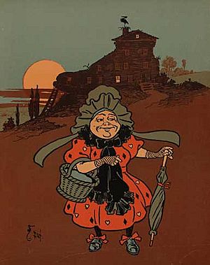 Old woman in red dress carrying a basket and umbrella
