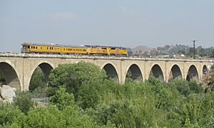 UP business train on Santa Ana River Viaduct, May 2013 (cropped)