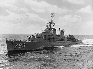 USS Cassin Young (DD-793) underway on 14 January 1958 (NH 107175)
