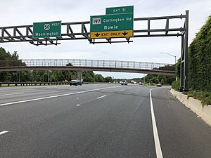 2019-05-22 13 46 55 View west along Interstate 595 and U.S. Route 50 (John Hanson Highway) at Exit 11 (Maryland State Route 197-Collington Road, Bowie) in Bowie, Prince George's County, Maryland