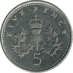 British five pence coin 1990 reverse