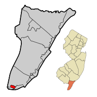 West Cape May Borough highlighted in Cape May County. Inset map: Cape May County highlighted in the State of New Jersey.
