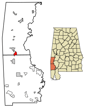 Location of Cullomburg in Choctaw County and Washington County, Alabama.