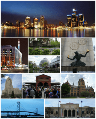 From top to bottom, left to right: Downtown Detroit skyline and the Detroit River, Fox Theatre, Dorothy H. Turkel House in Palmer Woods, Belle Isle Conservatory, The Spirit of Detroit, Fisher Building, Eastern Market, Old Main at Wayne State University, Ambassador Bridge, and the Detroit Institute of Arts