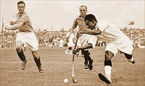 Dhyan Chand with the ball vs. France in the 1936 Olympic semi-finals