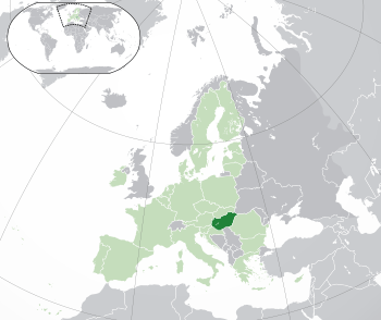 Location of  Hungary  (dark green)– on the European continent  (green & dark grey)– in the European Union  (green)  —  [Legend]