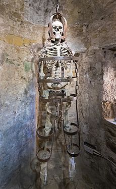 Gibbet with skeleton in Ypres Tower cell, Rye Castle