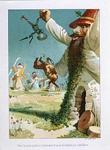 Hizo la lanza pedazos, llevándose tras sí al caballo y al caballero, de Apeles Mestres, Don Quijote de la Mancha, 1879