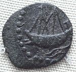 Indian ship on lead coin of Vashishtiputra Shri Pulumavi