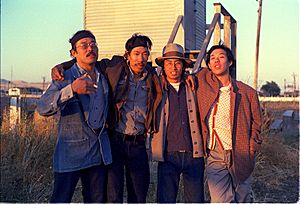 Lawson Inada with Frank Chin, Shawn Wong and Michael Chan on location in John Korty's 1976 film "Farewell to Manzanar".jpg