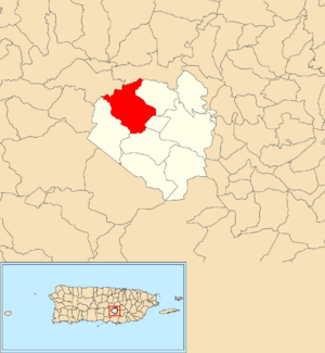 Location of Llanos within the municipality of Aibonito shown in red