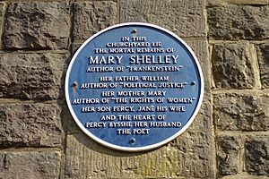 Mary Shelley Blue Plaque on the Wall of St Peter's Churchyard, Bournemouth