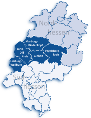 Map of Hesse highlighting the  Regierungsbezirk of Gießen