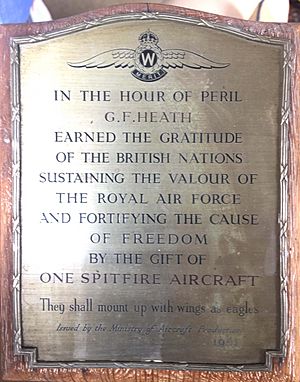 Plaque awarded to G.F. Heath for his Spitfire