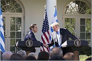 President Donald J. Trump shakes hands with Greek Prime Minister Alexis Tsipras at their joint press conference in the Rose Garden at the White House, Tuesday, October 17, 2017, in Washington, D.C