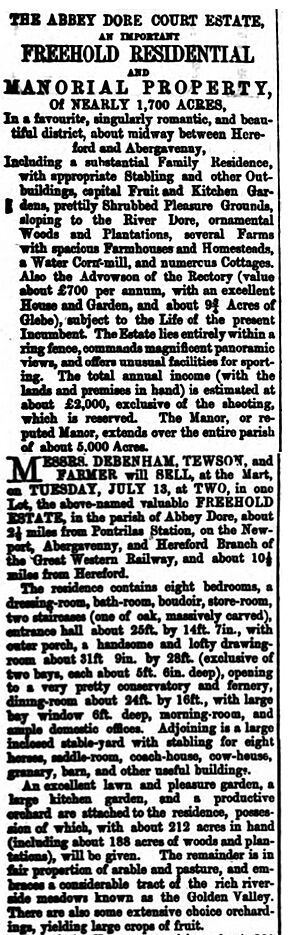 Sale ad for Abbey Dore Court 1875