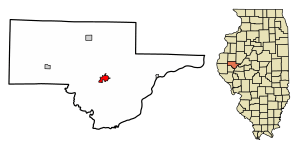 Location of Rushville in Schuyler County, Illinois.