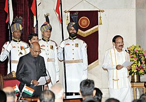 The President, Shri Ram Nath Kovind administering the oath of office of the Vice President to Shri M. Venkaiah Naidu, at a Swearing-in-Ceremony, at Rashtrapati Bhavan, in New Delhi on August 11, 2017