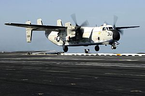 US Navy 100120-N-3038W-345 A C-2A Greyhound assigned to the Providers of Carrier Logistics Support Squadron (VRC) 30 launches from the aircraft carrier USS Nimitz (CVN 68).jpg