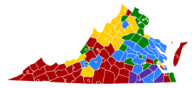 Virginia counties colored either red, blue, yellow, green, or purple based on the populations most common ancestry. The south-east is predominantly purple for African American, while the west is mostly red for American. The north has yellow for German, with two small areas green for Irish. Yellow is also found in spots in the west. A strip in the middle is blue for English.