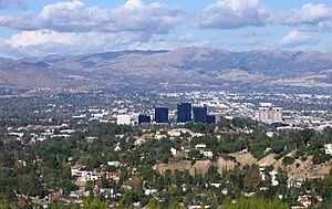 Woodland Hills, California in the foreground, including Warner Center, from the Top of Topanga Overlook