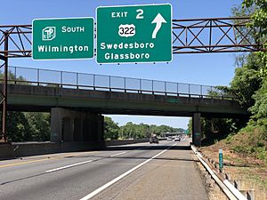 2020-07-12 10 38 40 View south along New Jersey State Route 700 (New Jersey Turnpike) at Exit 2 (U.S. Route 322, Swedesboro, Glassboro) in Woolwich Township, Gloucester County, New Jersey