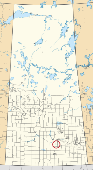 A map of the province of Saskatchewan showing 297 rural municipalities and hundreds of small Indian reserves. One is highlighted with a red circle.