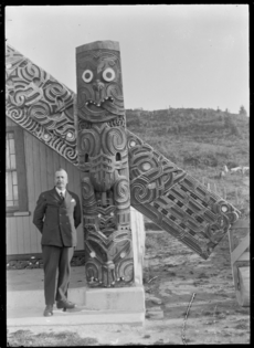 Closeup view of the right amo at Te Tikanga a Tawhiao meeting house at Ngatira, South Waikato ATLIB 291938