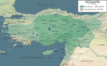 Map of the Hittite Empire at its largest extent, with Hittite rule c. 1300 BC