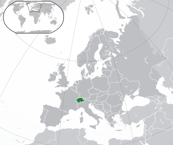 Location of  Switzerland  (green)on the European continent  (green and dark grey)