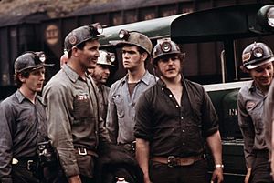 GROUP OF MINERS WAITING TO GO TO WORK ON THE 4 P.M. TO MIDNIGHT SHIFT AT THE VIRGINIA-POCAHONTAS COAL COMPANY MINE ^4... - NARA - 556348