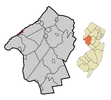 Map of Bloomsbury in Hunterdon County. Inset: Location of Hunterdon County highlighted in the State of New Jersey.