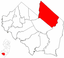 Map of Vineland City in Cumberland County, which includes the former Vineland Borough and Landis Township. Inset: Location of Cumberland County highlighted in the State of New Jersey.