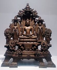 Parsvanatha with two other tirthankaras, yaksha and yakshi, Maitraka, 9th Century, Akota, Gujarat, National Museum, New Delhi