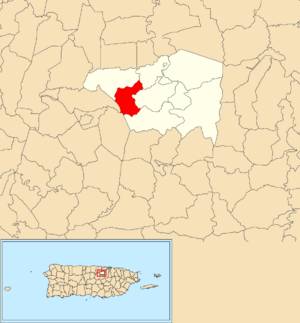 Location of Quebrada Arenas within the municipality of Toa Alta shown in red