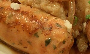 Sausage Trio, Mash and Cabbage with Onion Gravy (cropped)