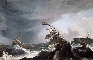 Schepen aan lager wal - Ships running aground - The 'Ridderschap' and 'Hollandia' in trouble in the Street of Gibraltar 1-3 March 1694 (Ludolf Backhuysen, 1708)