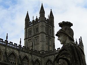 Tower of Bath Abbey as seen from the Roman baths