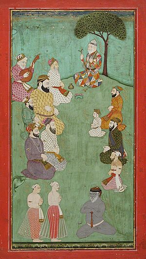'Imaginary Meeting of Guru Nanak, Mardana Sahab, and Other Sikh Gurus', earliest known painting depicting all ten Sikh gurus together with golden nastaliq identifying inscriptions, probably from Hyderabad, ca.1780
