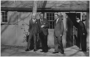 Ambassador Ellsworth Bunker, Ambassador W. Averell Harriman and President Lyndon B. Johnson outside cabin at Camp David - NARA - 192570