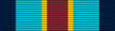 Width-44 ribbon with width-8 central brick stripe, flanked by pairs of stripes that are respectively width-2 golden yellow, width-10 grotto blue, and width-6 national flag blue