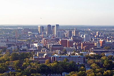 View of Birmingham looking north from the crest of Red Mountain, with Southside (including UAB and Ramsay High School) in the immediate foreground.
