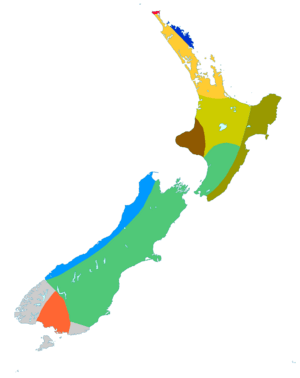 Map of New Zealand divided into multicoloured areas