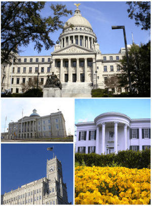 Images top, left to right: Mississippi State Capitol, Old Mississippi State Capitol, Lamar Life Building, Mississippi Governor's Mansion