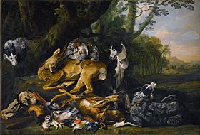 Jan Fyt - The spoils of the chase being guarded by a dog, a landscape beyond