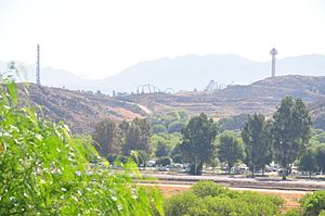 Tree covered hills of Valencia with Magic Mountain theme park in background